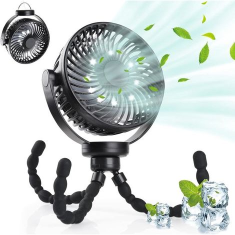 Ventilador para cochecito con LED,5200 mAh,pequeño ventilador de mesa para camping,giratorio 360°,ventilador portátil recargable,Negro (1/5)