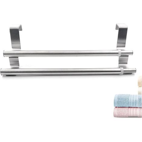 Double, Porte Serviette en Acier Inoxydable pour Portes et Placards, Porte-Torchons Double avec Installation Facile, sans Perçage- Largeur Extensible, Dimensions: 25-40 x 8 x 9 cm (1/5)