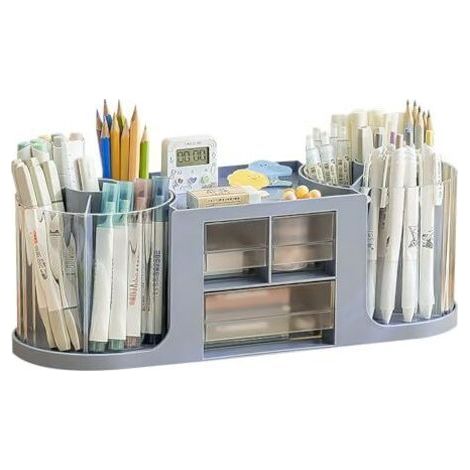 Porte-stylo, organiseur de bureau à double rotation, 14 compartiments, grande capacité, tiroir transparent à double couche, peut contenir des crayons et divers articles de papeterie (bleu) (1/5)