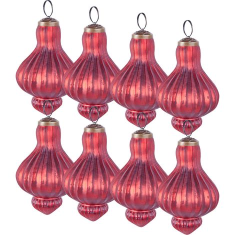 Set of 8 Christmas Baubles Red Glass Hanging Vintage Xmas Tree Handmade Balls Holiday Decor BRILLANT