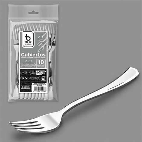 Tenedor reutilizable color plata 18,5 cm, 10 uds