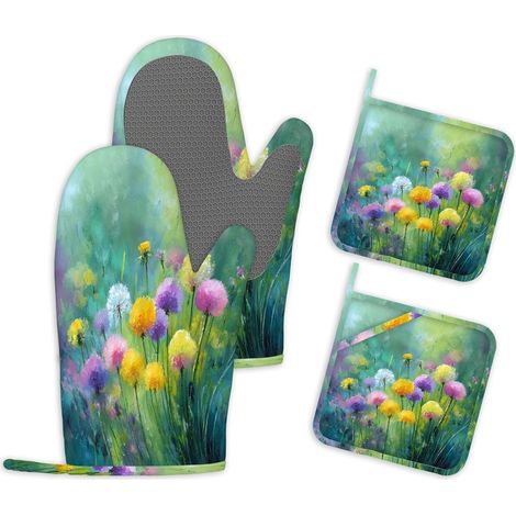 Lot de 4 Gants de Cuisine et Maniques en Silicone aux Motifs de Fleurs de Pissenlit Gants de Cuisine Résistants à la Chaleur et Antidérapants pour la Cuisine la Pâtisserie et Le Barbecue (1/5)