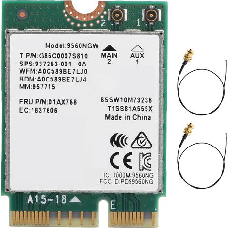 Scheda di rete wireless Bluetooth 5.0 802.11ac M.2, adattatore Wi-Fi con antenna 9560NGW 1730Mbps, 2 cavi antenna esterni inclusi.