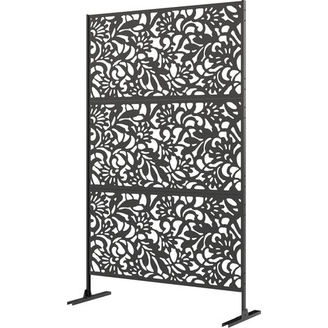 Panneau Brise-Vue Décoratif Extérieur Jardin – 3 Panneaux Motif Floral Acier 122x45x198 cm Noir (1/5)