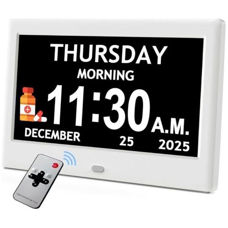 Horloge-calendrier numérique, 12 options d'alarme avec atténuation automatique, 7 pouces affichage extra-large du jour et du mois en toutes lettres (1/5)