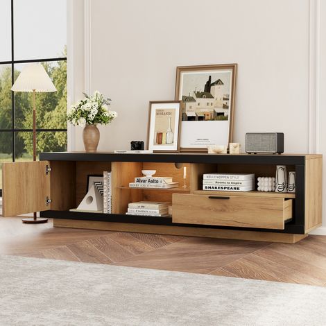 Mobile TV 160x40x50 cm nero e rovere in pannelli di legno con contenitore FloraGrace (1/5)