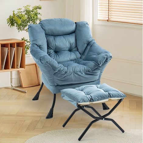 Fauteuil relax bleu clair avec repose-pieds pliable et poche latérale, structure métal, MEUBLIV (1/5)
