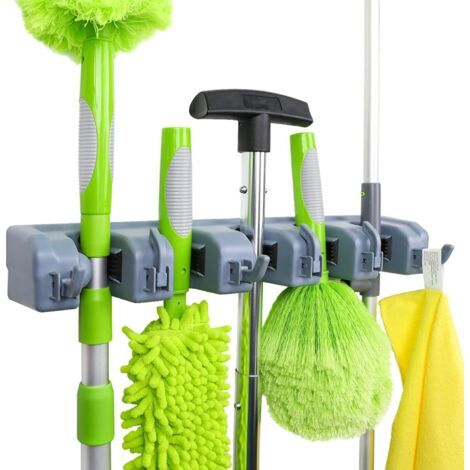 QORVA-Gris Rectangulaire Support mural et garage 6 crochets et 5 emplacements pour balais et outils de jardin organisateur de fournitures de nettoyage pour buanderie, cuisine abri de jardin