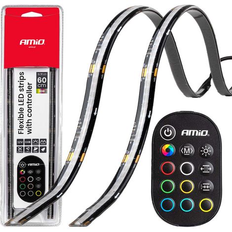 Tiras LED para coches, multicolor, RGB, con mando a distancia, 2x30cm, 12V, amio-04579 (1/5)