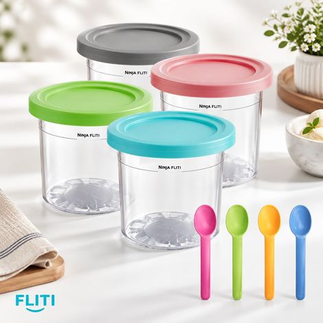 Lot de 4 Bacs à Glace Compatibles Ninja Creami CN301CO NC300, Couvercle Étanche, Lavable Lave-Vaisselle, Sorbets Milkshakes (1/5)