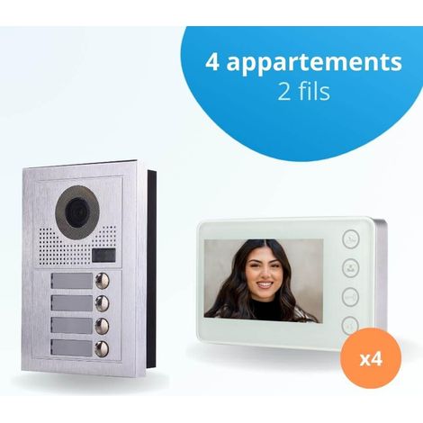 Portier interphone vidéo MODERN 2 Fils - 4 appartements - 4 écrans blancs