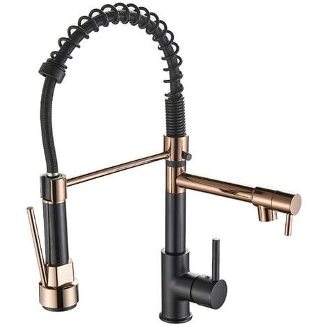 Robinet de cuisine avec mitigeur monocommande à douchette extensible pivotante à 360°, 2 modes de jet et deux buses (or rose et noir) (1/5)