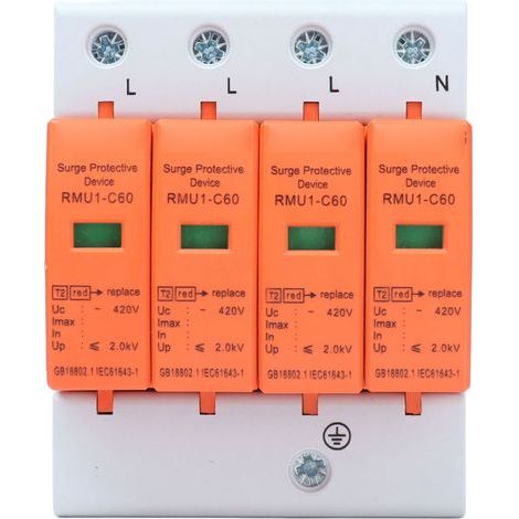 Parafoudre 4P pour montage sur rail DIN avec indicateur, 420 V CA, RMU1-C60, Imax : 60 kA (1/4)