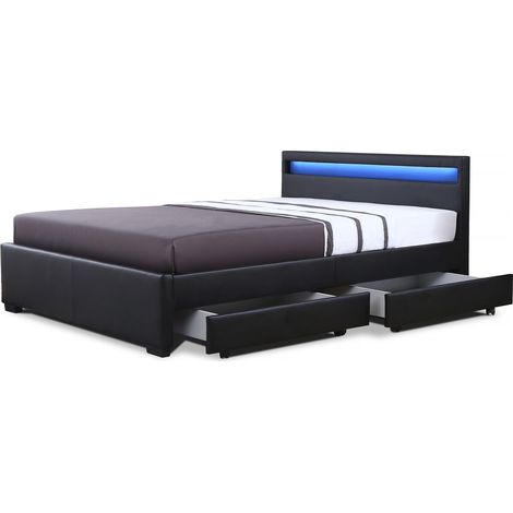 Habitat Et Jardin – Lit avec tiroirs 140 × 190 cm – Structure contreplaqué/MDF – Tête de lit LED – 4 tiroirs de rangement – Noir (1/4)