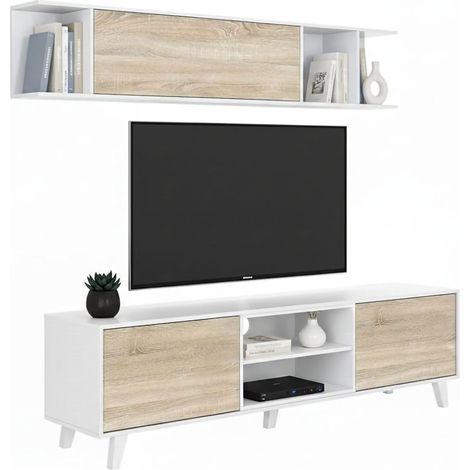 Parete attrezzata Aslan, Mobile da soggiorno porta TV, Composizione per salotto con pensile, 180x41h51 cm, Bianco e Rovere