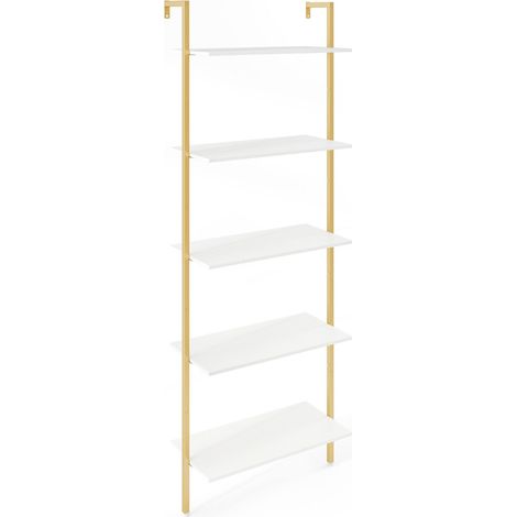 Scaffale scala 5 ripiani esposizione libreria parete struttura metallo piedini regolabili Bianco Oro (1/3)
