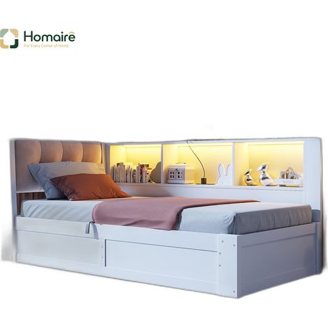Cadre de lit en bois blanc avec rangement 209 x 113,8 x 80,6 cm HOMAIRE (1/5)