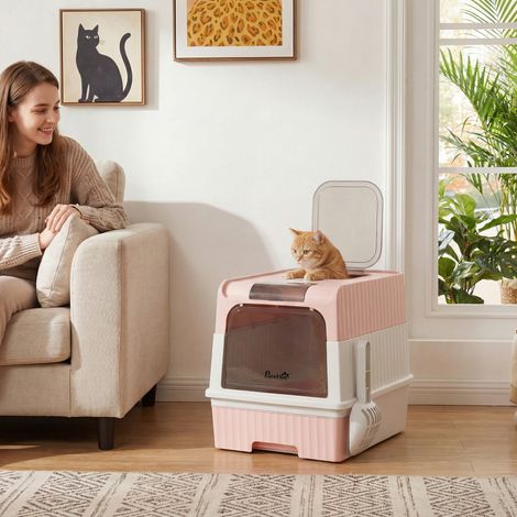 Bac à litière fermé pour chat, taille M, avec couvercle, plateau amovible, pelle et 4 sachets désodorisants, rose (1/5)