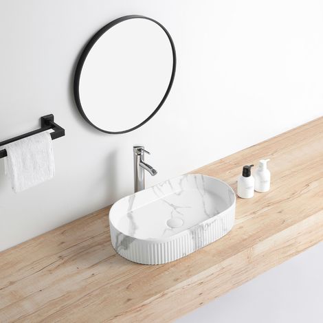 Lavabo da appoggio ovale scalanato in ceramica CORBIN bianco marmorizzato (1/5)