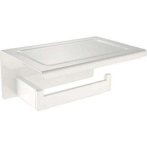 GABRIELLE Portarrollos de papel higiénico blanco, portarrollos de pared, portarrollos con estante, soporte para móvil de acero inoxidable con perforación