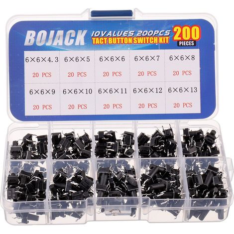 10 Valeurs 200 pièces Interrupteurs à bouton-poussoir tactiles 6x6 mm Kit d'assortiment d'interrupteurs à bouton-poussoir momentanés à 4 broches (1/4)