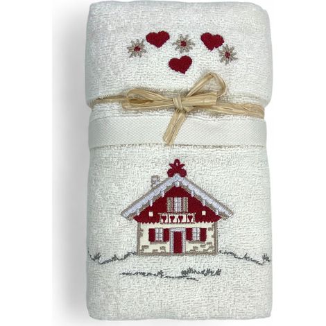 Set Asciugamani Tirolese Casetta Panna - Tirolo - Spugna 100% Cotone - Ricamo Chalet Montagna Made in Italy