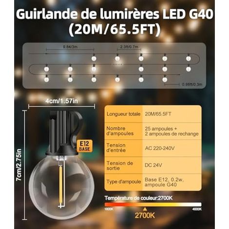 Guirlande Lumineuse Guinguette Extérieur LED 15M Ampoules G40 Exterieure Lumiere Jardin IP44 Imperméable Guirlandes Terrasse Lumineuses Connectable Pergola Balcon Mariage Extérieur Décoration (1/4)