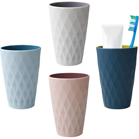 Bicchiere in plastica da 450 ml, robusto e resistente alle cadute, adatto ad adulti, adolescenti e bambini. 4 pezzi (8×12×5 cm), azzurro, bianco chiaro, rosa chiaro e blu scuro. (1/5)