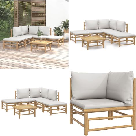 Set de muebles de jardín 6 piezas bambú con cojines gris claro - Muebles de exterior - Sofás de jardín