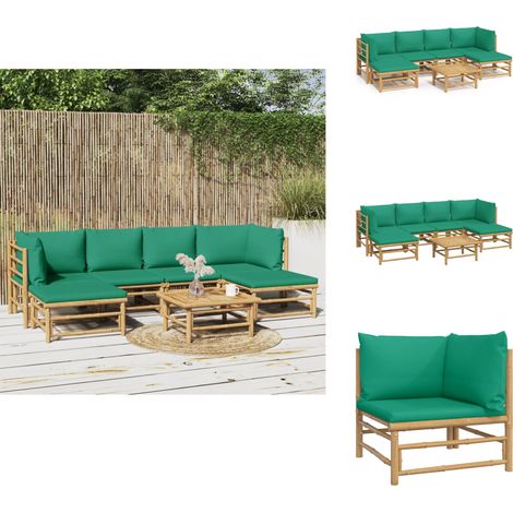 7-tlg. Garten-Lounge-Set mit Grünen Kissen Bambus - Bambus Möbel - Gartenloungeset - Outdoor Möbel - Gartenmöbel - Esstisch (1/5)