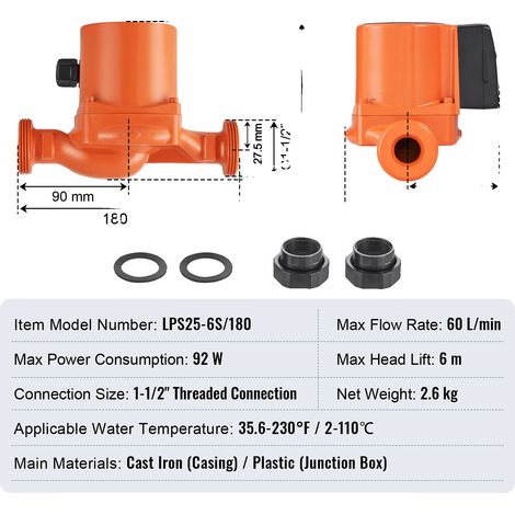 Pompe de recirculation d'eau chaude, fonctionnement silencieux, haute compatibilité, LPS25-6S-180 60LPM, EU-a (1/2)