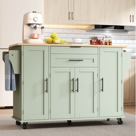 Isola cucina mobile 120 x 45 cm, piano estensibile, cassetto nascosto, ruote, verde anticato (1/5)