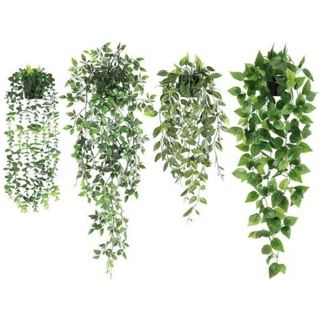Set mit 4 künstlichen Hängepflanzen – je 6 Zweige – aus robustem und abwaschbarem Kunststoff – moderne Wohndekoration
