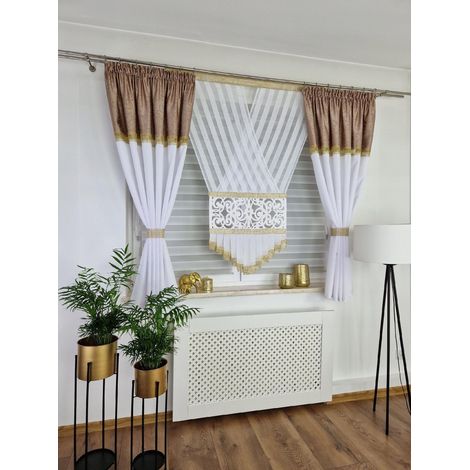 Fertiger Vorhang, Dekoset mit kurzem Vorhangteil – beige (1/5)