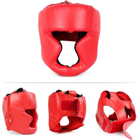 Casque de boxe/sparring pour adultes, en cuir PU, avec rembourrage en mousse épaisse, fermeture Velcro réglable, protection intégrale de la tête, des joues et du menton, rouge.
