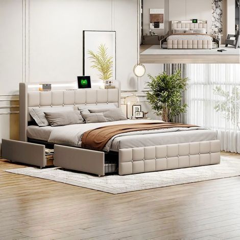 Letto matrimoniale 140x200 cm - Beige - LED integrata - Cassetti di stoccaggio - Testiera