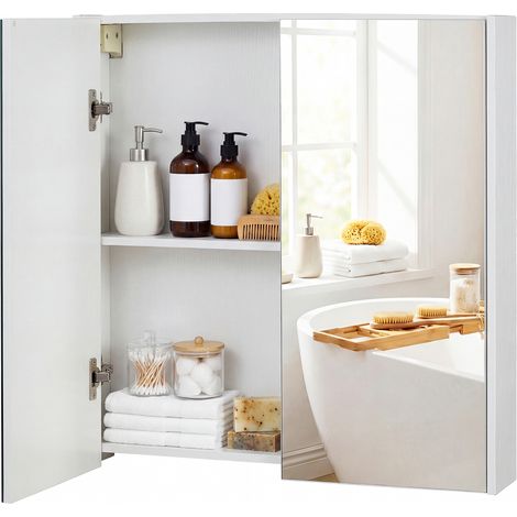 Armoire Murale Salle de Bain avec Miroir, 62 x 65 cm, Meuble Salle de Bain, Placard à 2 Niveaux, Installation en Saillie ou Encastrée, Blanc (1/5)
