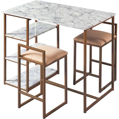 Teamson Home Marmo 3 Pieces Breakfast Dining Set, Bar Table & 2 Padded Stool Chairs with Storage, Faux White Marble Tabletop & Gold-Brass Finish Legs (1/5)