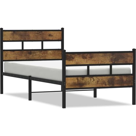 Lit simple Lit adulte Cadre de lit en métal sans matelas chêne fumé 100x190 cm (1/5)