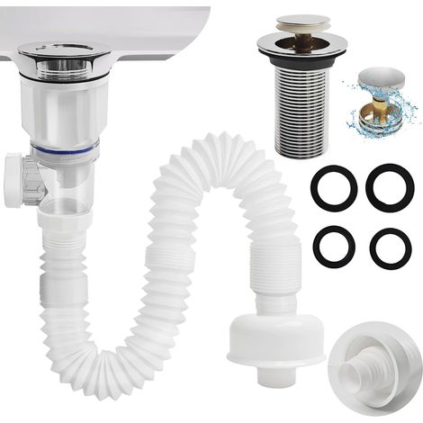 Bathroom sink drain pipe kit, pop-up drain pipe stopper, flexible P-trap sink drain pipe, suitable for drains including 1-1/4" and 1-1/2", white