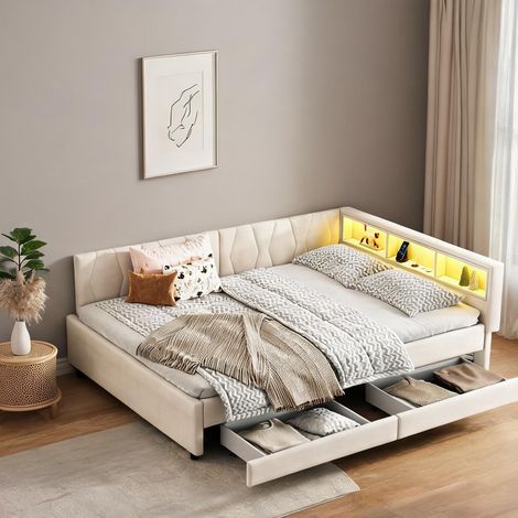 Cadre de lit beige en lin 210 x 145 x 70,5 cm (1/5)