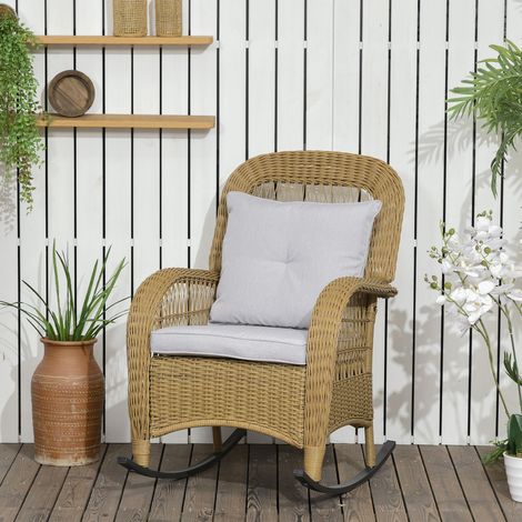 Fauteuil à bascule style bohème, rotin PE, housses de coussin lavables, naturel et gris clair
