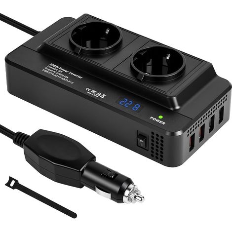 12V DC to 230V AC 200W Converter Cigarette Lighter Socket Voltage Transformer with 2 AC EU Sockets and 4 USB Ports, LCD Digital Screen Car Charger Camping Car with Multi-Protection (1/5)
