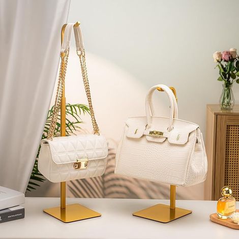 Set aus 2 Handtaschen-Präsentationsständern: goldfarbener Ständer für Taschen, Geldbörsen und Kränze verstellbarer Haken für Tisch, Schrank und Einzelhandel. (1/5)