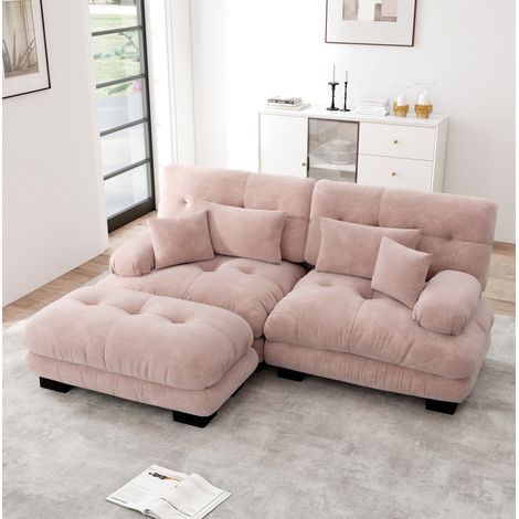 Divano angolare modulare in ciniglia rosa con pouf, 220 x 145 x 81 cm DESVIAE (1/5)