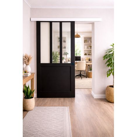 Porta scorrevole nera per officina H204 x L73 + binario in alluminio, fascia bianca e 2 gusci neri