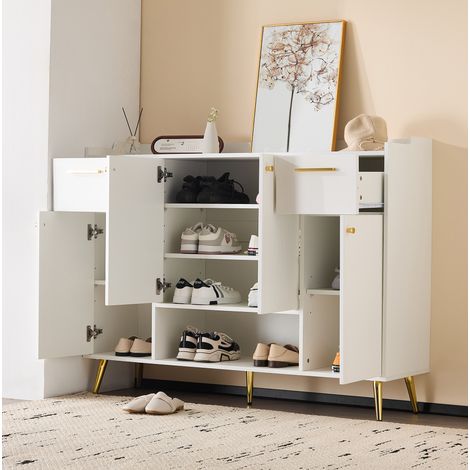 Scarpiera in truciolare bianco con 4 ante, 2 cassetti e vano aperto, 130 x 37 x 100 cm (1/5)