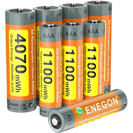 Piles Rechargeables Lithium, Lot de 8 : 4 x AA (4070 mWh) + 4 x AAA (1100 mWh), Tension constante 1,5 V, Chargeur Lithium requis (Pas NiMH) pour télécommandes, Souris, serrures intelligentes (1/5)