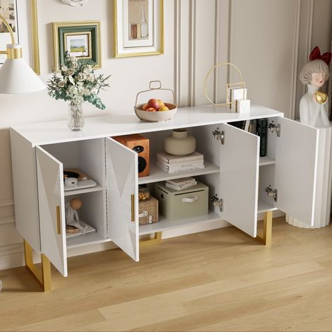 Buffet, buffet et armoire 150x40x82cm avec 4 portes, meuble de cuisine, poignées et pieds dorés, étagères réglables en hauteur, MDF et aggloméré, blanc (1/5)