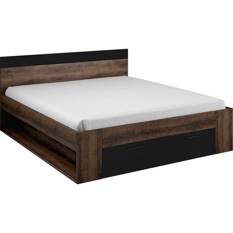 Cama Melvele 108, Roble del Monastery + Negro, Doble, 180x200, Aglomerado laminado, 186x205x90cm (1/5)